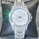 MISSFOX Luxury Hip Hop Full Iced Out Simulated Diamonds Quartz Silver Bling Watches