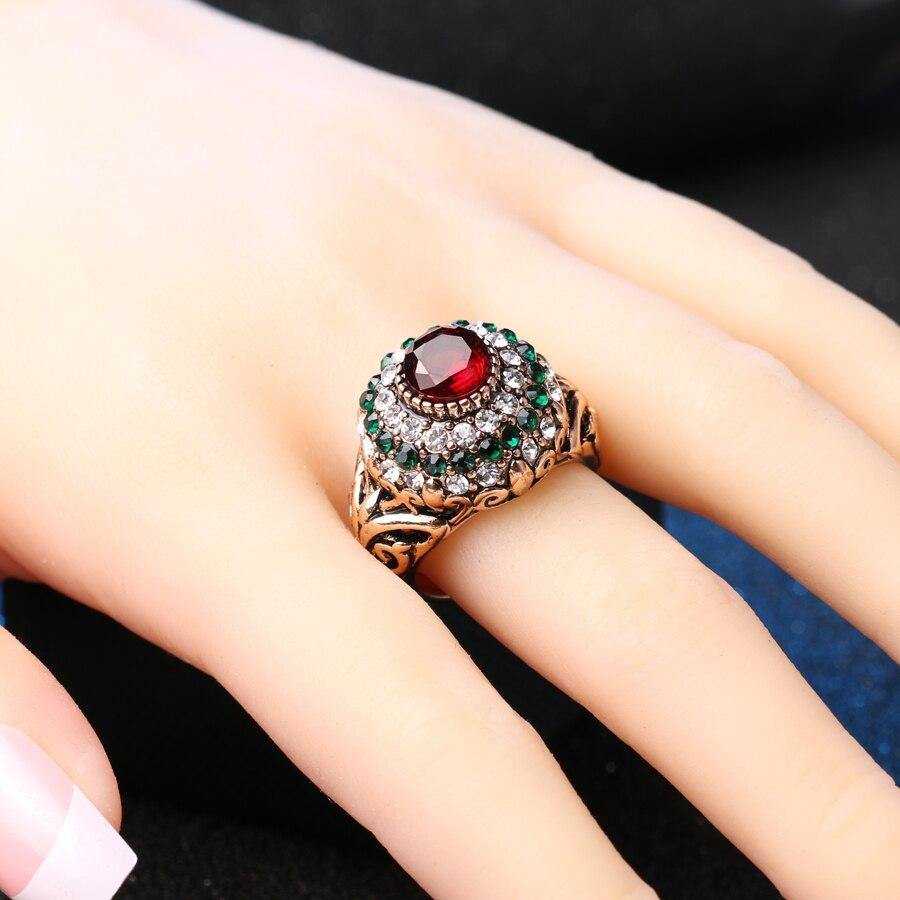 New Antique Gold Color Red Golden Crown Green and Clear Crystals Finger Ring - The Jewellery Supermarket
