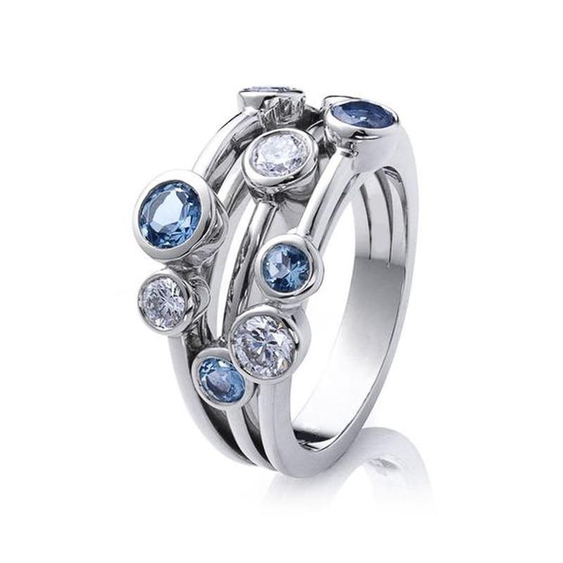 New Design Fashion 3 Rows with Round AAA White/Blue Zircon Crystal Ring - The Jewellery Supermarket