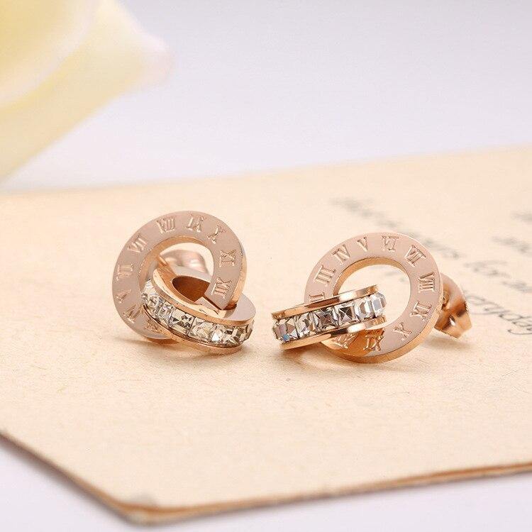 New Shiny AAA+ CZ Diamonds Roman Numerals Double Circle Titanium Steel Rose Gold Earrings - The Jewellery Supermarket