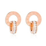 New Shiny AAA+ CZ Diamonds Roman Numerals Double Circle Titanium Steel Rose Gold Earrings - The Jewellery Supermarket
