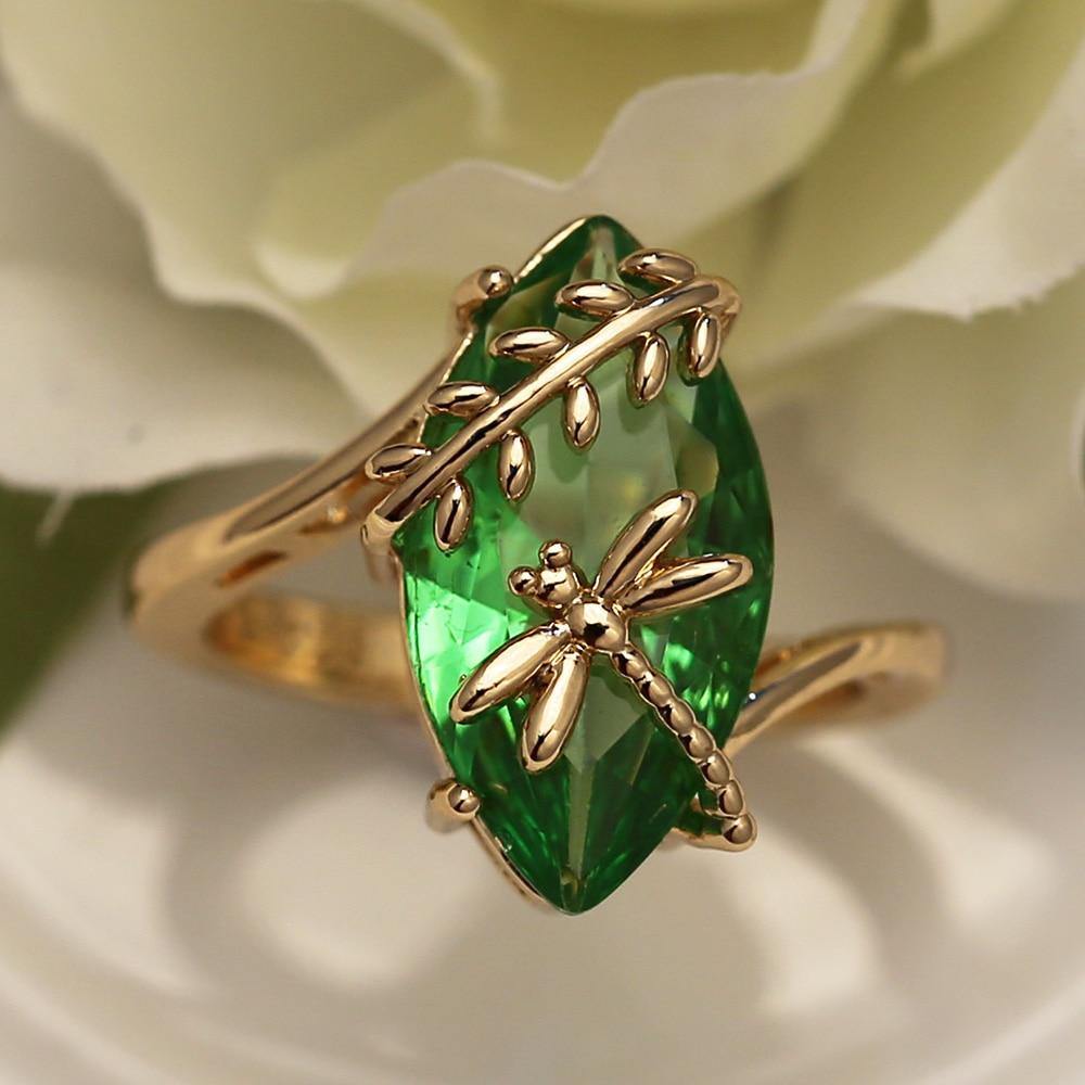 Olive Green Dragonfly Twine Oval Pretty CZ Crystal Ring - The Jewellery Supermarket