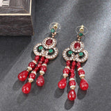 Red Natural Stone Antique Gold Black Enamel Crystal Drop Earrings