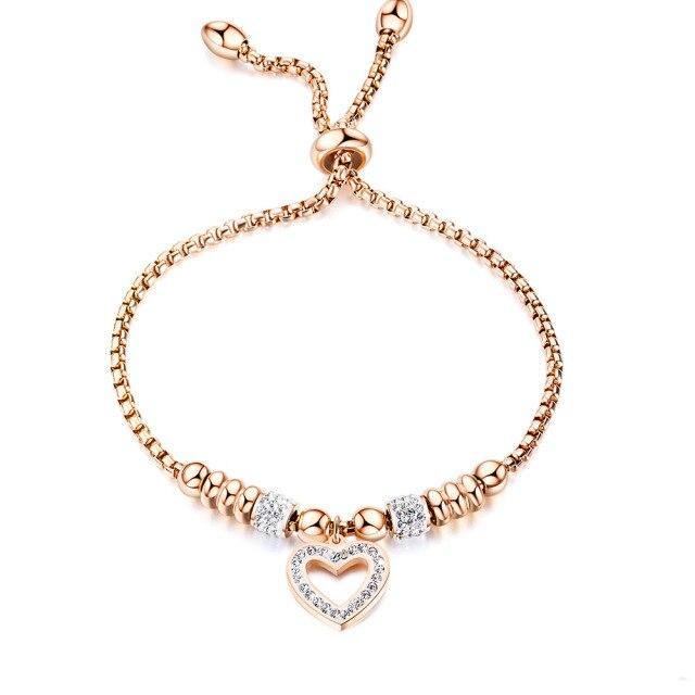 Titanium Stainless Steel Mosaic Crystal Heart Charm Rose Gold Bracelet - The Jewellery Supermarket