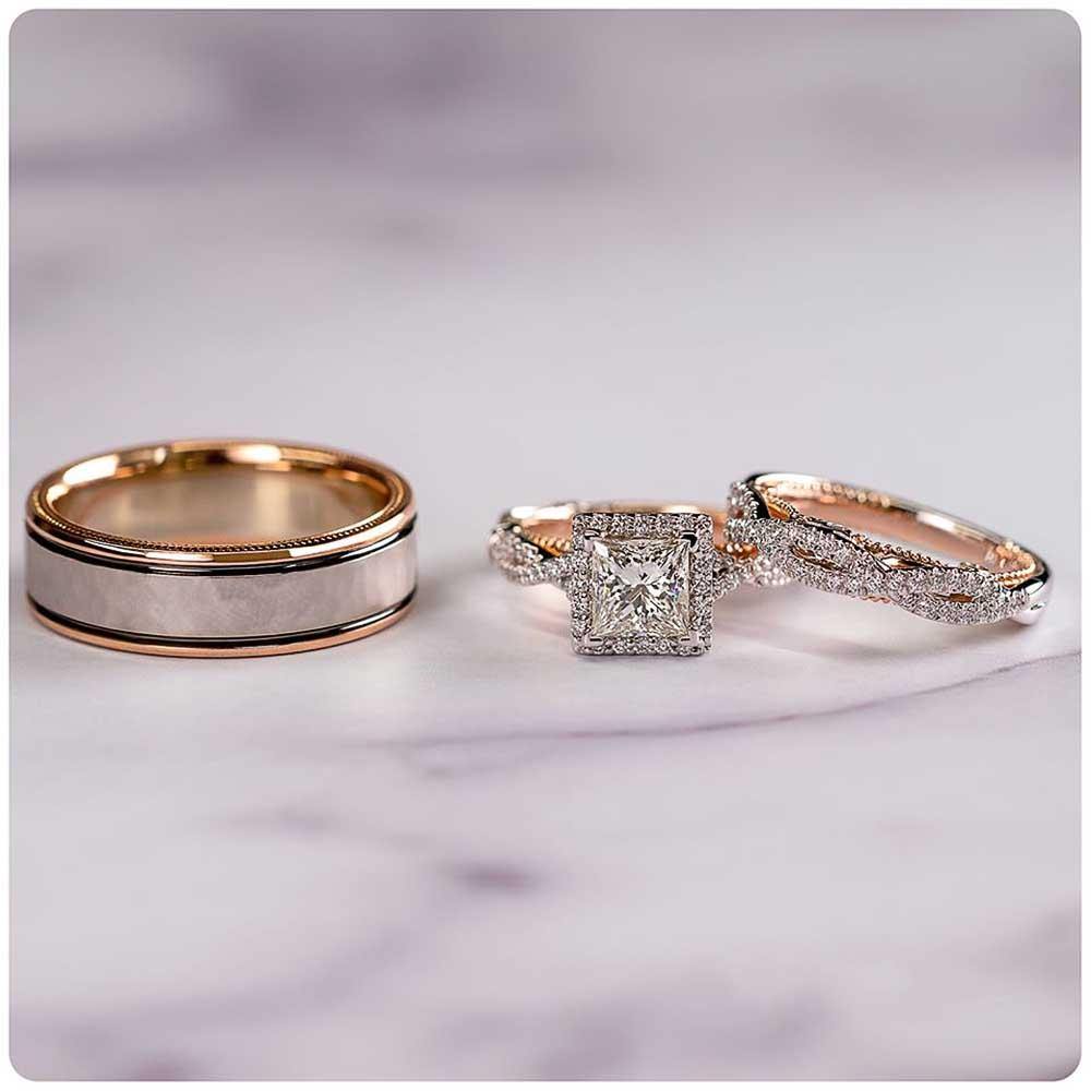 Top Quality Gorgeous 3Pcs/Set Mosaic AAA+ Cubic Zirconia Diamonds Two Tone Wedding Rings - The Jewellery Supermarket