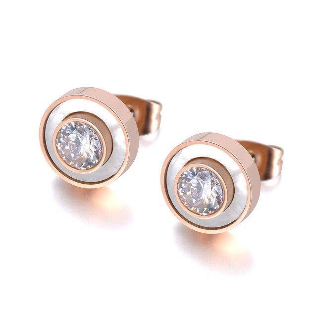 Trendy Stainless Steel White Shell Rose Gold AAA+ CZ Diamonds Earrings - The Jewellery Supermarket