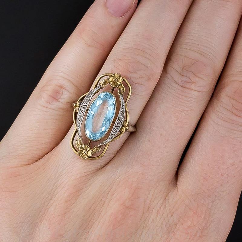 Vintage Two Tone Flower Design Inlaid Sky Blue Stone Aesthetic Jewelry Ring - The Jewellery Supermarket