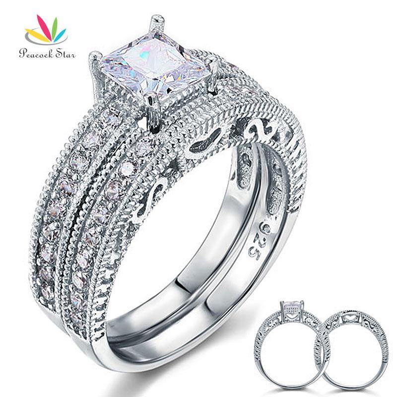 Vintage Victorian Art Deco 1 Ct Simulated Lab Diamond Silver Wedding Engagement Ring Set - The Jewellery Supermarket