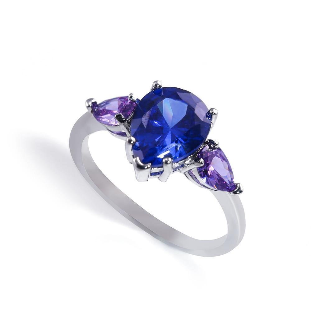 Water Drop Blue & Purple Triple Shinny Tear Drop AAA Cubic Zircon Crystals Luxury Ring - The Jewellery Supermarket