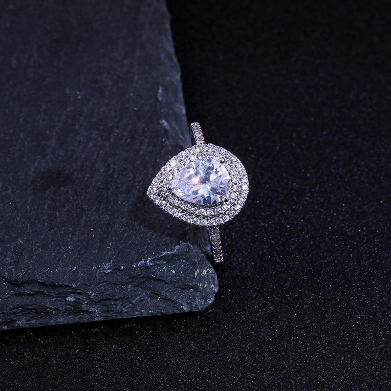 Water Drop Trendy Pear Shaped AAA+ Cubic Zirconia Diamonds Paved Silver Colour Ring - The Jewellery Supermarket