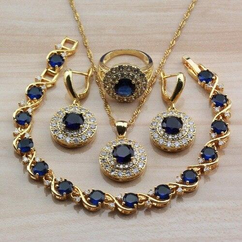 Amazing Round Blue AAA Cubic Zirconia Crystals Yellow Gold Colour Jewellery Set - Popular Jewellery Set - The Jewellery Supermarket