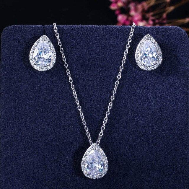 NEW Tear Drop Design Simple Fashion Pear Cut AAA+ Cubic Zirconia Diamonds Necklace Earrings Jewellery Sets - The Jewellery Supermarket