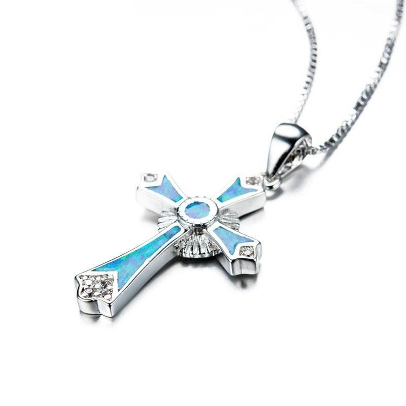 Fashion Necklace Charm White/Green/Blue Imitation Fire Opal Cross Unisex Pendants Necklaces - 
 Religious Jewellery - The Jewellery Supermarket