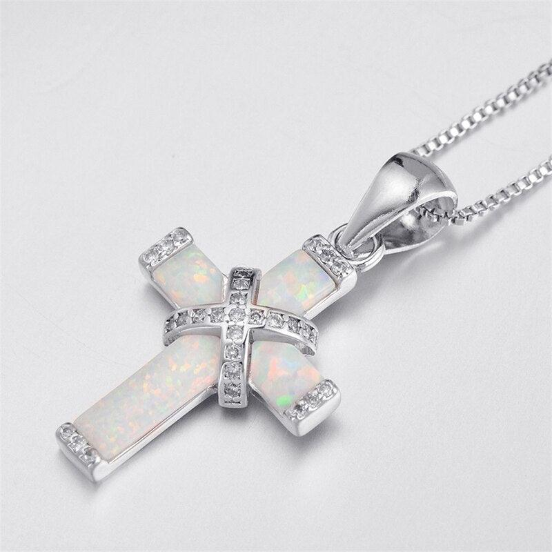 Charming Cross White/Blue Imitation Fire Opal Zircon Pendants Necklaces - Religious Jewellery - The Jewellery Supermarket