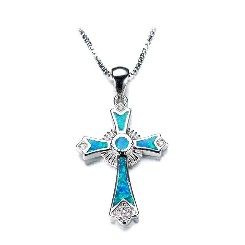 Fashion Necklace Charm White/Green/Blue Imitation Fire Opal Cross Unisex Pendants Necklaces - 
 Religious Jewellery - The Jewellery Supermarket
