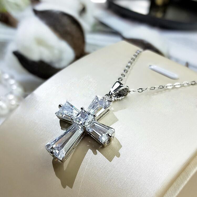 Charming Silver Colour Luxury Women White Crystal Pendant Necklace - Cute Cross Religious Necklace - The Jewellery Supermarket