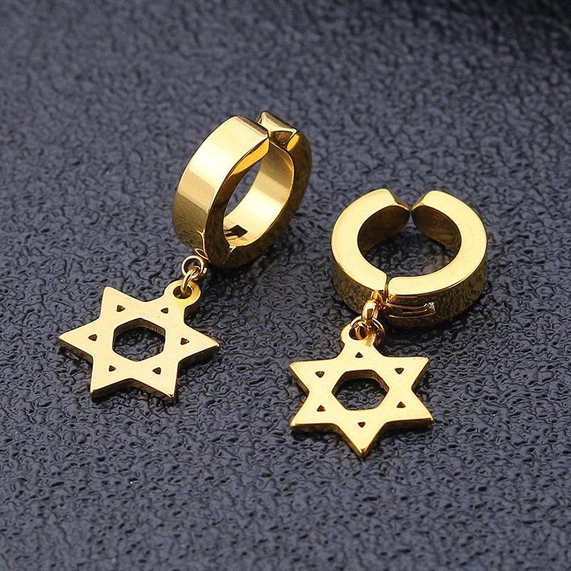 NEW Simple Gold Color Star of David Retro Stainless Steel Drop Earrings for Women - The Jewellery Supermarket