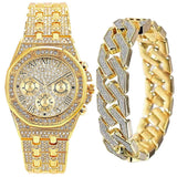 NEW Luxury Top Brand  2pcs Gold Colour Cuban Chain Male Bling Iced Out Wristwatch Bracelet for Men