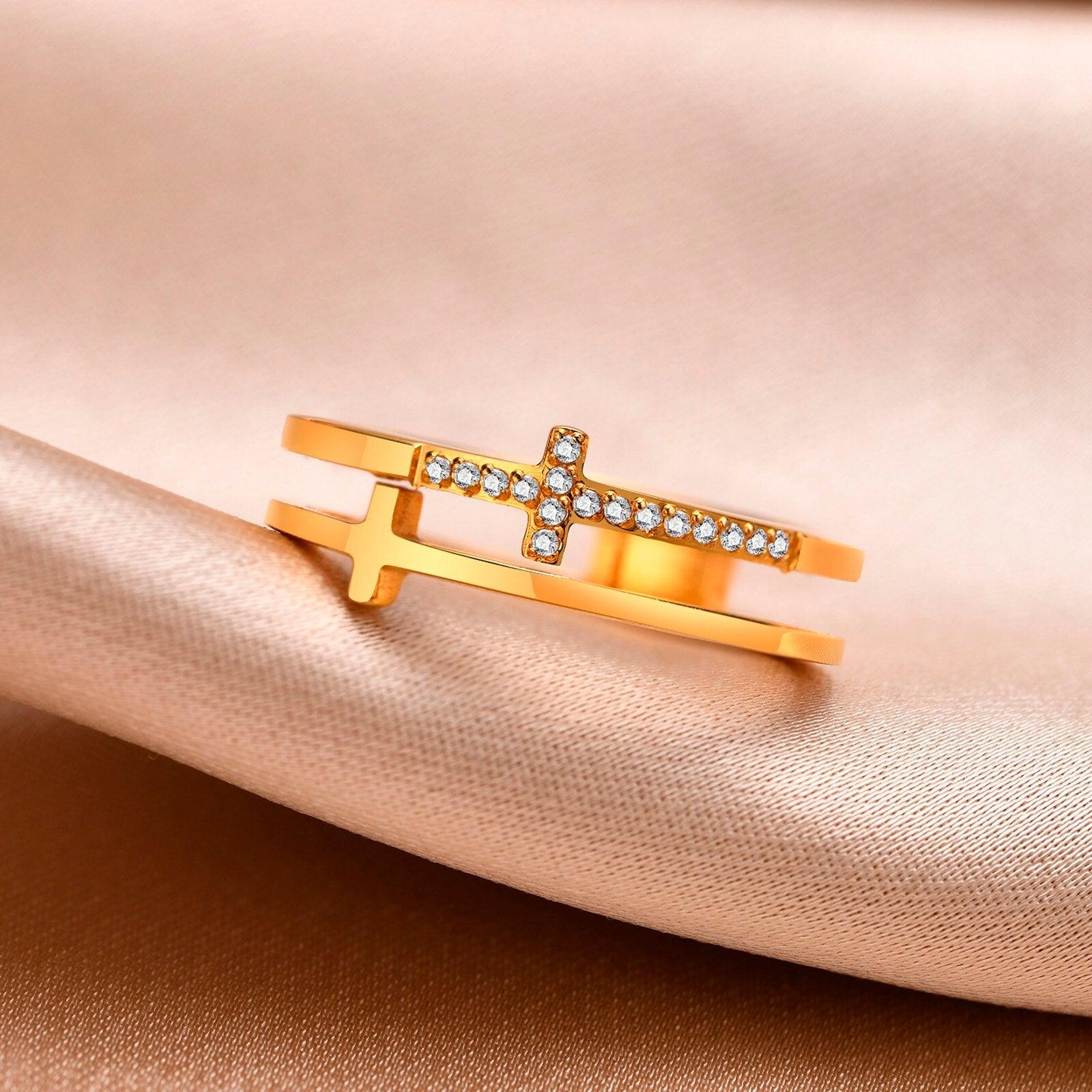 AAA+ Cubic Zirconia Inlay ,Gold Color Stainless Steel Layered Wrap Double Cross Rings - Christian Religious Jewellery - The Jewellery Supermarket