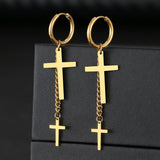 NEW Fashion Gothic Unisex Two Cross Chain Gold Color Stainless Steel Pendant Earrings