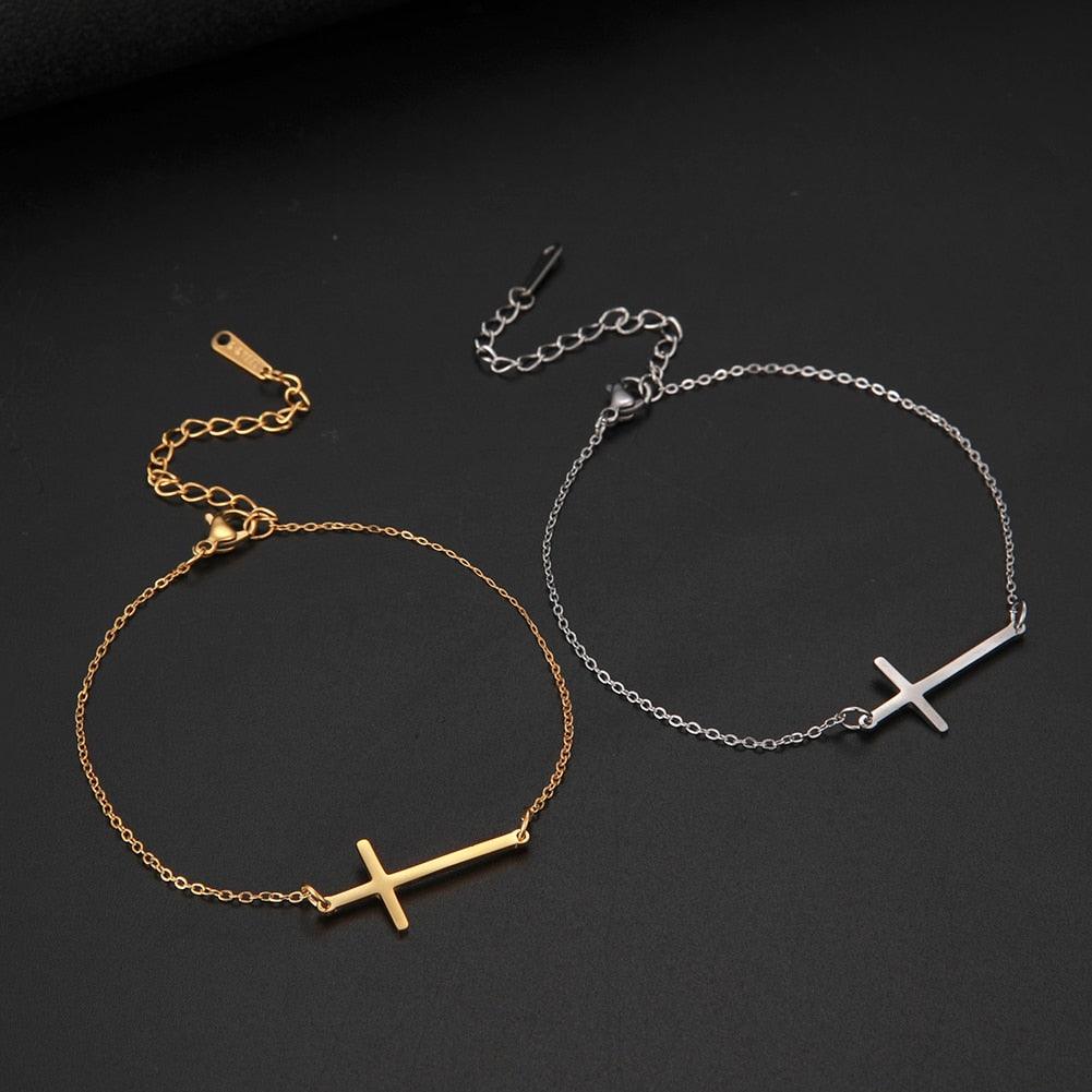 Best Seller - Christian Simple Chain Stainless Steel Cross Charm Bracelets Bangles - Religious Jewellery - The Jewellery Supermarket