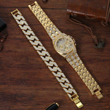 NEW Luxury Top Brand  2pcs Gold Colour Cuban Chain Male Bling Iced Out Wristwatch Bracelet for Men - The Jewellery Supermarket