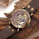 NEW - Mens Gold Mechanical Skeleton Steampunk Genuine Leather Watch - The Jewellery Supermarket