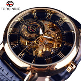 Luxury Men Gold Hollow Engraving Black Leather Skeleton Mechanical Watches