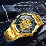 NEW ARRIVAL - Luxury Men Gold Automatic Strap Skeleton Mechanical Skull Watch - The Jewellery Supermarket