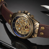 NEW - Mens Gold Mechanical Skeleton Steampunk Genuine Leather Watch - The Jewellery Supermarket