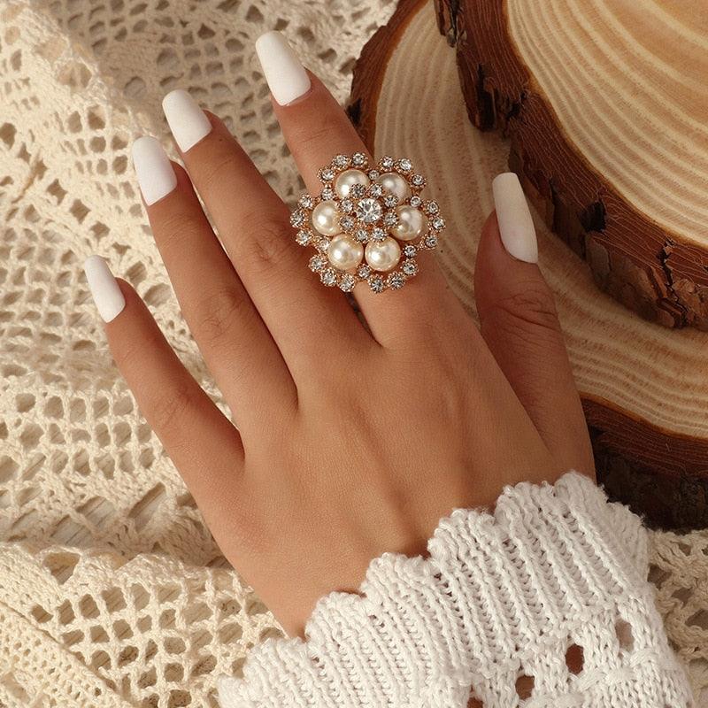 NEW VINTAGE RINGS Luxury Pearl Stone Big Flower Gold Color Fashion Ring - The Jewellery Supermarket