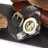 NEW - Mens Gold Mechanical Skeleton Steampunk Genuine Leather Watch - The Jewellery Supermarket