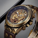 NEW - Mens Gold Mechanical Skeleton Steampunk Genuine Leather Watch - The Jewellery Supermarket