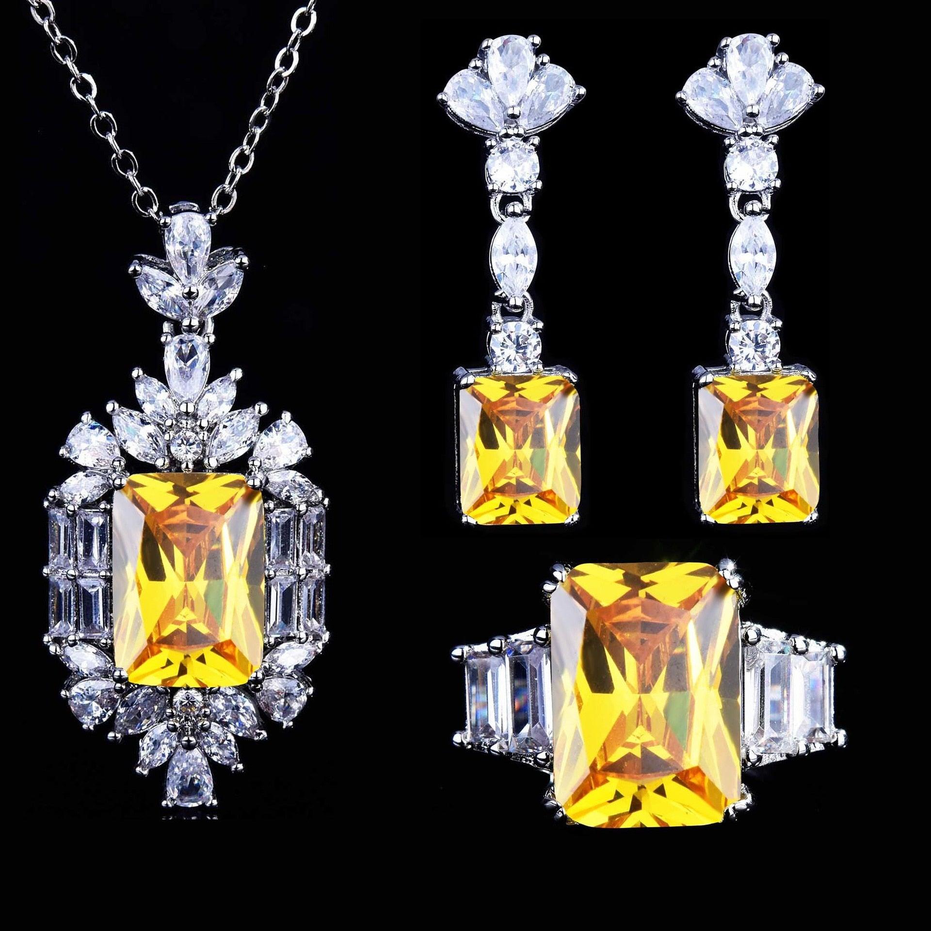 New Luxury Yellow Color AAA Cubic Zirconia Crystals Rectangle Jewellery Sets for Women - Quality Jewellery  - The Jewellery Supermarket