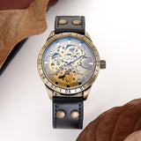 NEW - Mens Gold Mechanical Skeleton Steampunk Genuine Leather Watch - The Jewellery Supermarket