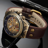 NEW - Mens Gold Mechanical Skeleton Steampunk Genuine Leather Watch - The Jewellery Supermarket