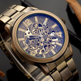 NEW - Mens Gold Mechanical Skeleton Steampunk Genuine Leather Watch - The Jewellery Supermarket