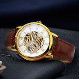 NEW - Luxury Mens Gold Mechanical Skeleton Leather Forsining 3d Hollow Watch - The Jewellery Supermarket