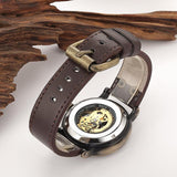 NEW - Mens Gold Mechanical Skeleton Steampunk Genuine Leather Watch - The Jewellery Supermarket