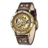 NEW - Mens Gold Mechanical Skeleton Steampunk Genuine Leather Watch - The Jewellery Supermarket