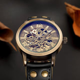 NEW - Mens Gold Mechanical Skeleton Steampunk Genuine Leather Watch - The Jewellery Supermarket