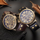 NEW - Mens Gold Mechanical Skeleton Steampunk Genuine Leather Watch - The Jewellery Supermarket