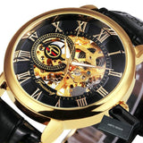 NEW - Luxury Mens Gold Mechanical Skeleton Leather Forsining 3d Hollow Watch - The Jewellery Supermarket