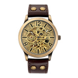 NEW - Mens Gold Mechanical Skeleton Steampunk Genuine Leather Watch - The Jewellery Supermarket