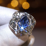 Fashion Wide Noble Rhombus Cut Blue Horse Eye Drill Stone Hollow Leaf Ring - The Jewellery Supermarket