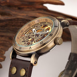 NEW - Mens Gold Mechanical Skeleton Steampunk Genuine Leather Watch - The Jewellery Supermarket