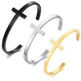 Open Sideways Stainless Steel Cross Cuff Bracelet Cross Bangle For Men and Women - Minimalistic Christian Jewellery - The Jewellery Supermarket