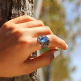 Fashion Wide Noble Rhombus Cut Blue Horse Eye Drill Stone Hollow Leaf Ring - The Jewellery Supermarket