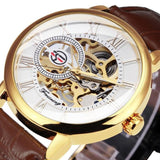 NEW - Luxury Mens Gold Mechanical Skeleton Leather Forsining 3d Hollow Watch - The Jewellery Supermarket