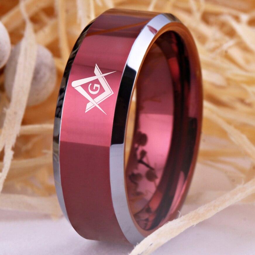 SQUARE AND COMPASSES Red Color Tungsten Freemason Masonic Ring - The Jewellery Supermarket